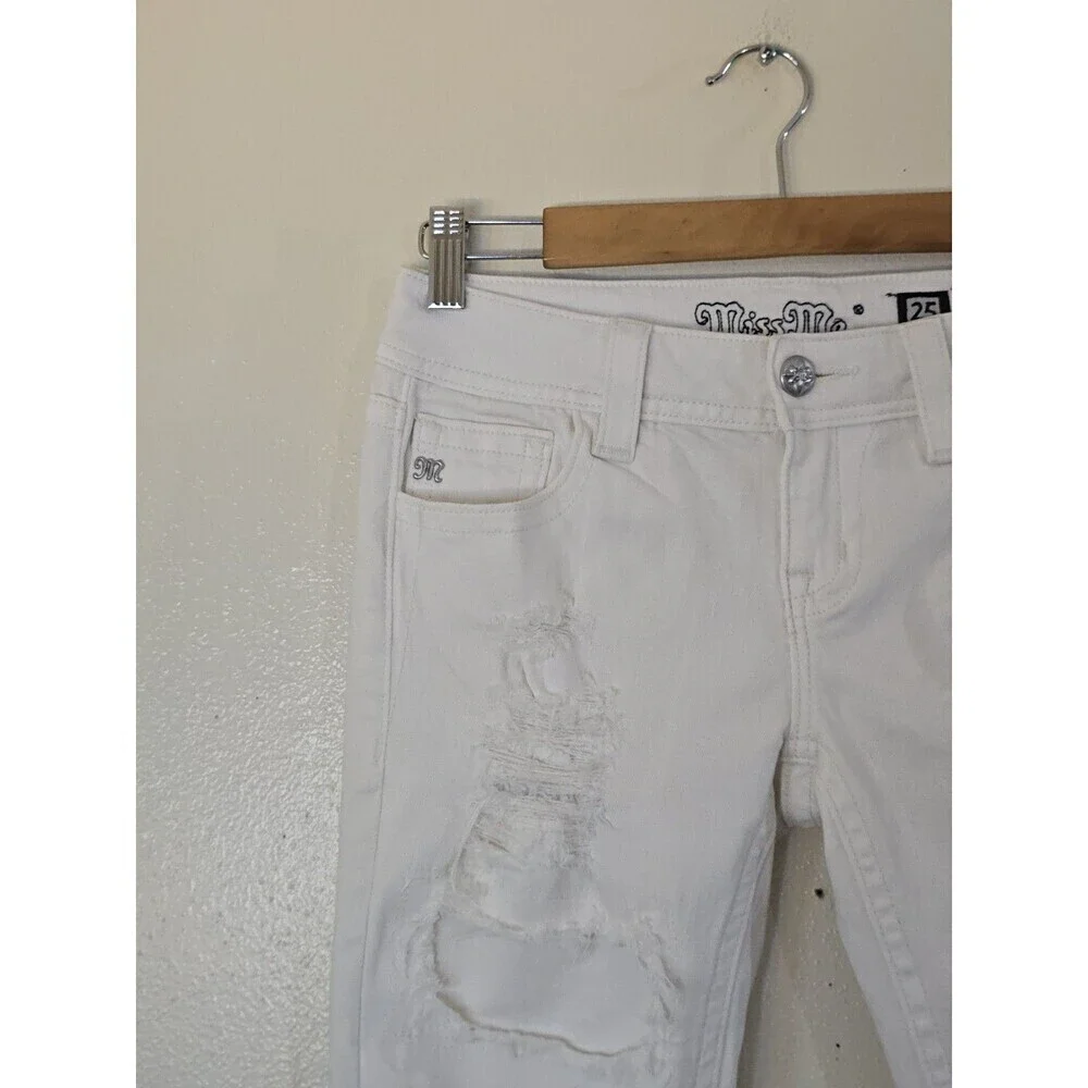 Miss Me White Distressed Capri Jeans Womens 25 Signature Cuffed Stretch